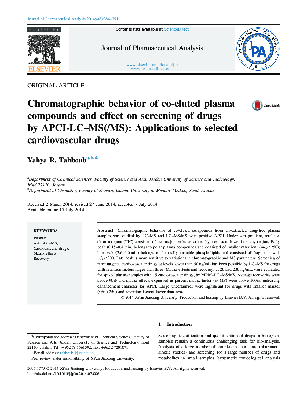 Chromatographic behavior of co-eluted plasma compounds and effect on screening of drugs by APCI-LC–MS(/MS): Applications to selected cardiovascular drugs 