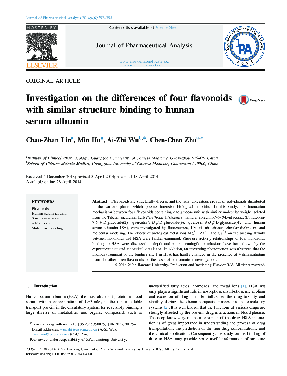 Investigation on the differences of four flavonoids with similar structure binding to human serum albumin 