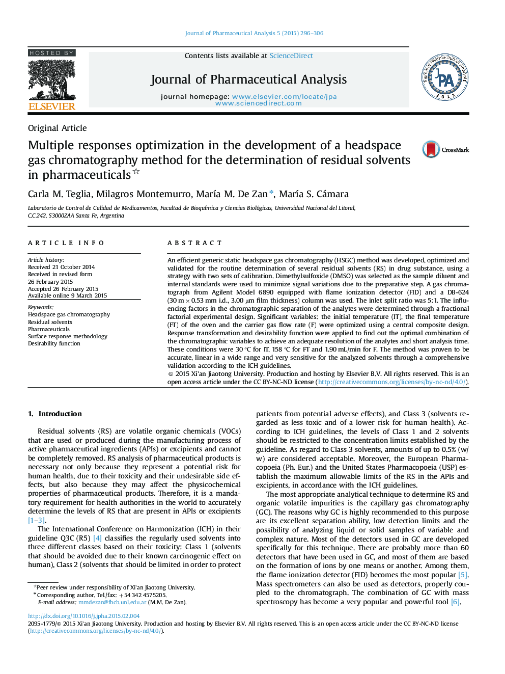 Multiple responses optimization in the development of a headspace gas chromatography method for the determination of residual solvents in pharmaceuticals 