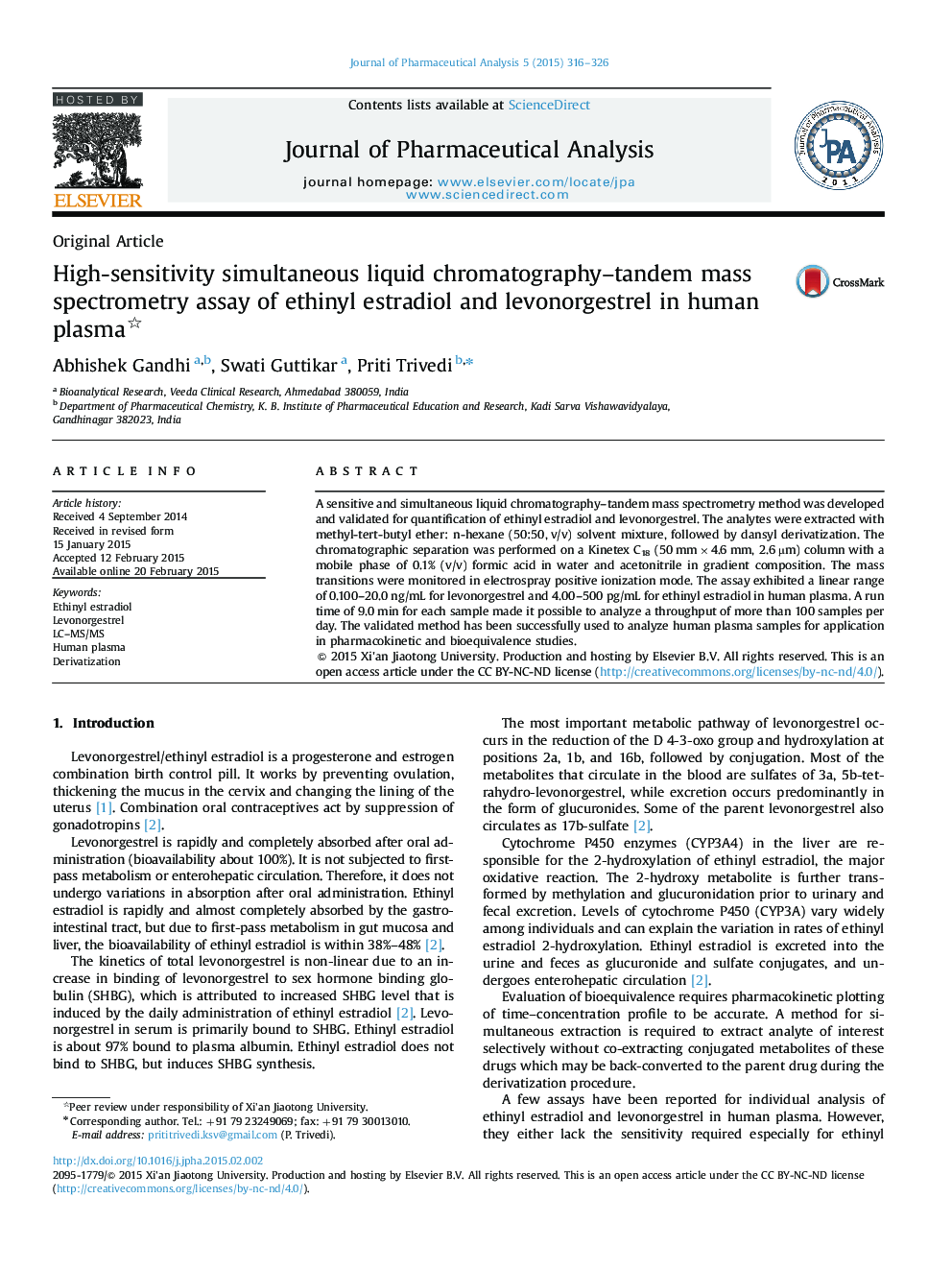 High-sensitivity simultaneous liquid chromatography–tandem mass spectrometry assay of ethinyl estradiol and levonorgestrel in human plasma 