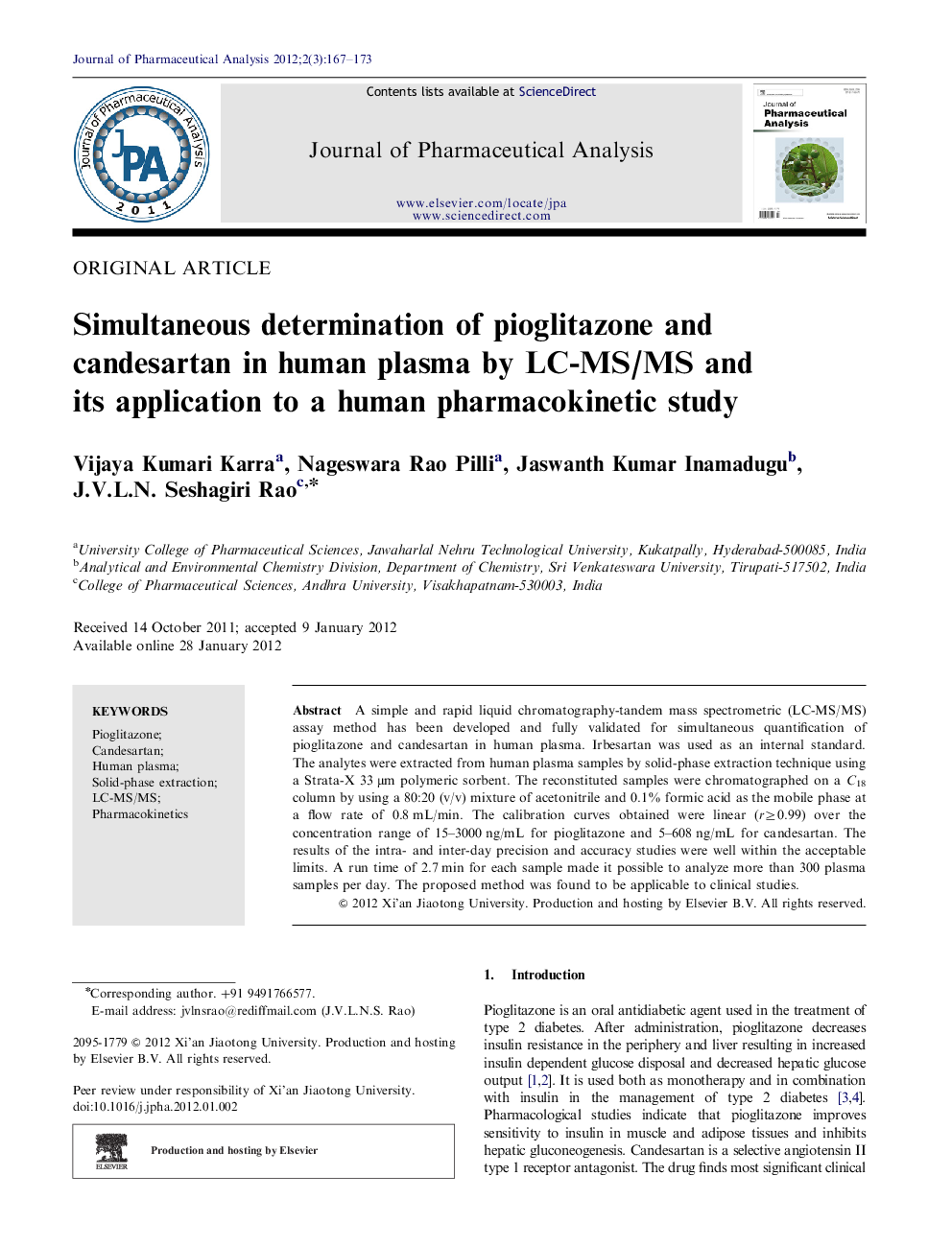 Simultaneous determination of pioglitazone and candesartan in human plasma by LC-MS/MS and its application to a human pharmacokinetic study