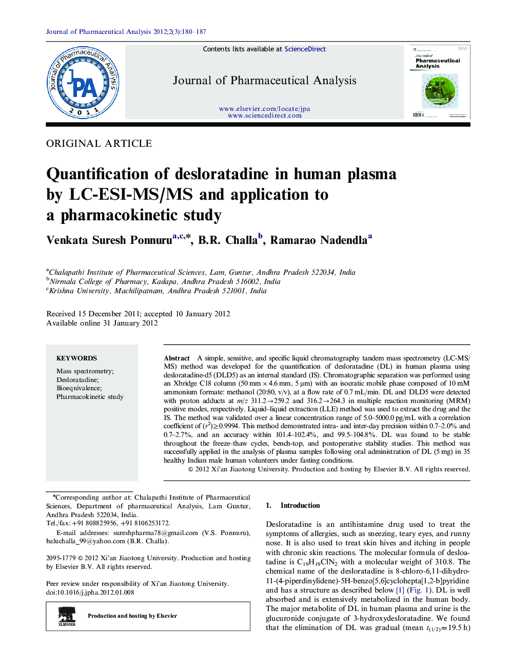 Quantification of desloratadine in human plasma by LC-ESI-MS/MS and application to a pharmacokinetic study