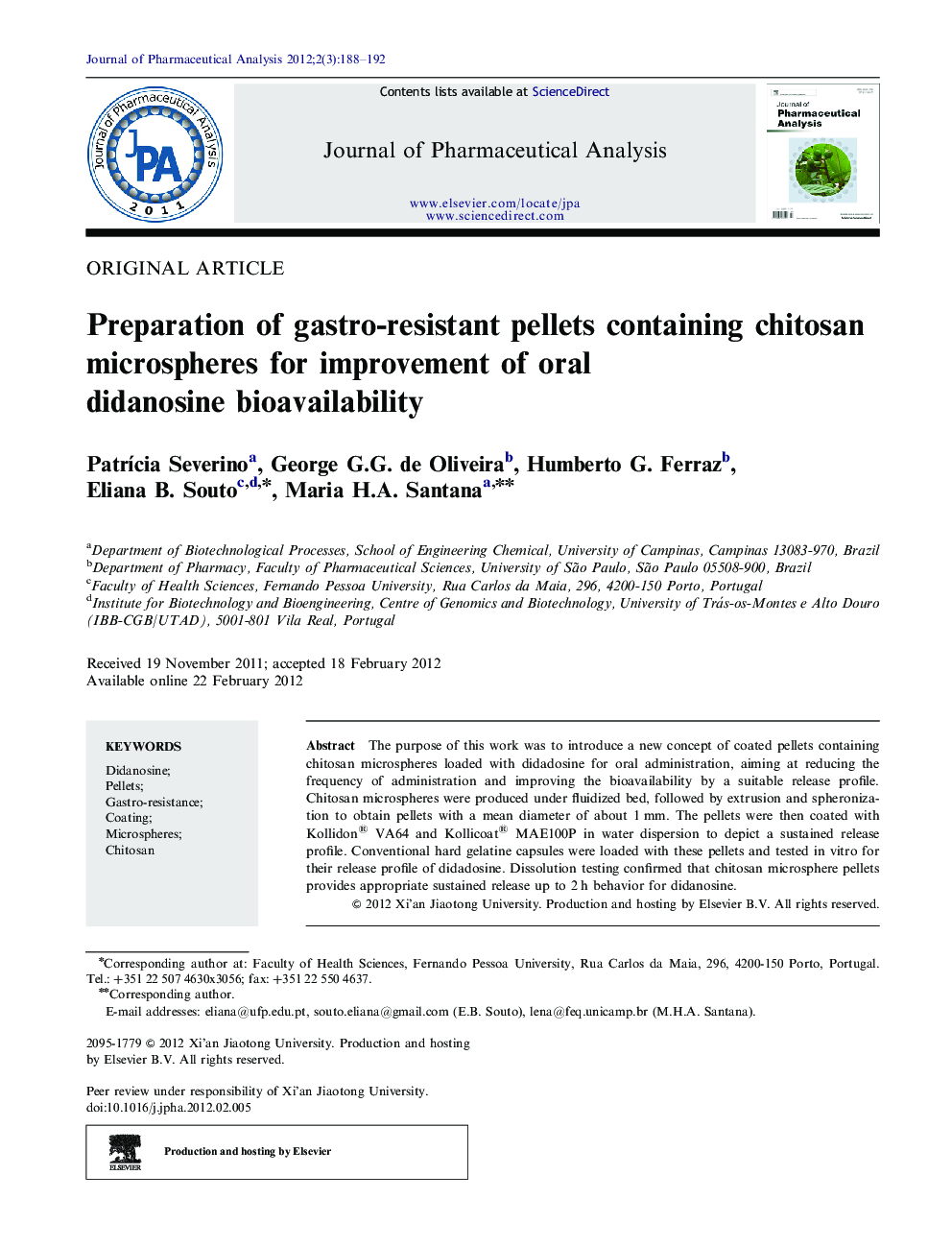 Preparation of gastro-resistant pellets containing chitosan microspheres for improvement of oral didanosine bioavailability