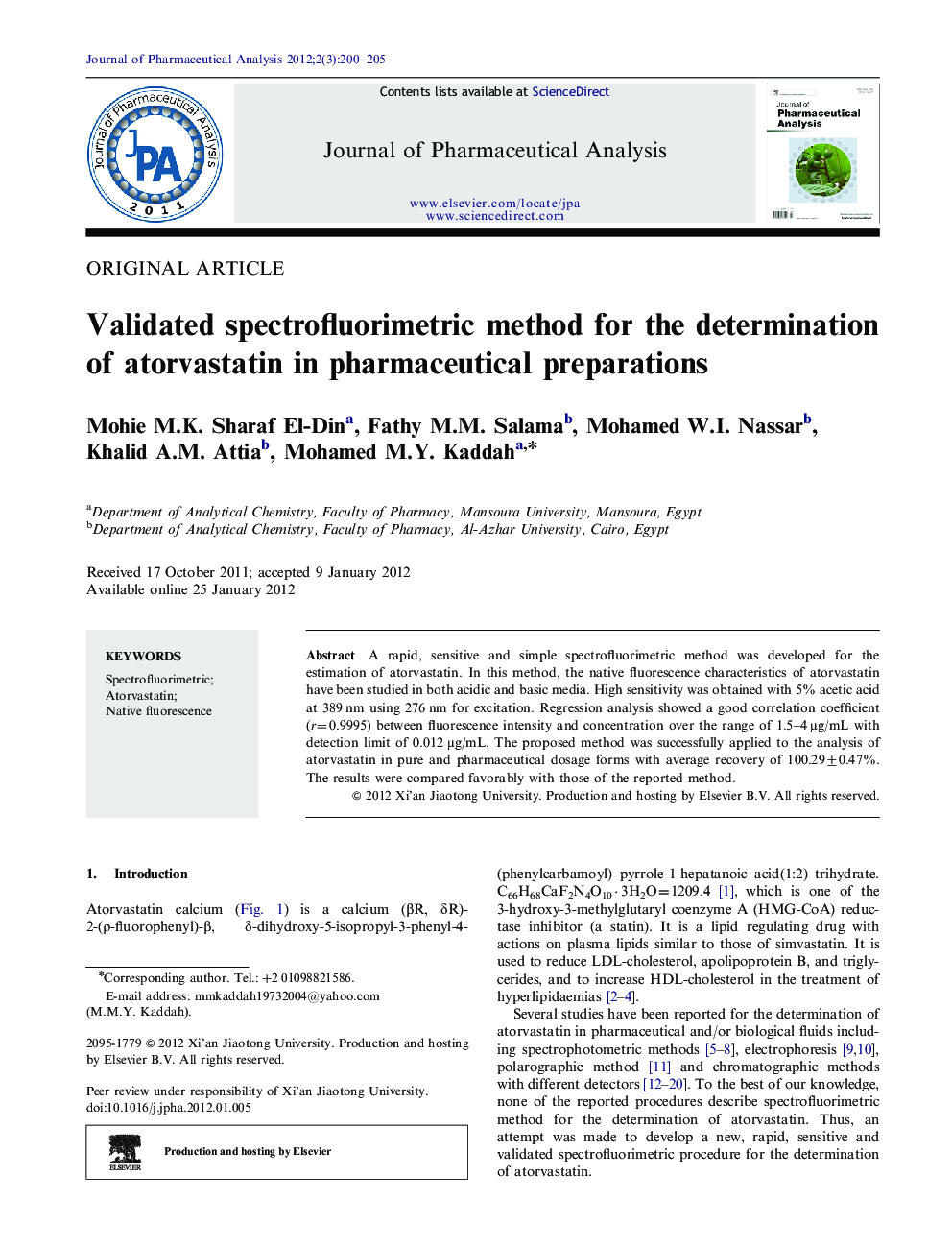 Validated spectrofluorimetric method for the determination of atorvastatin in pharmaceutical preparations