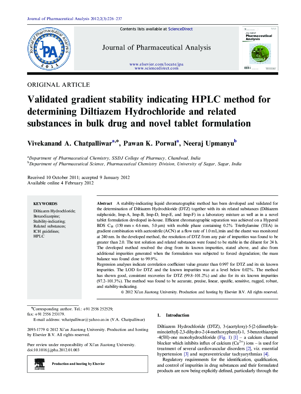Validated gradient stability indicating HPLC method for determining Diltiazem Hydrochloride and related substances in bulk drug and novel tablet formulation