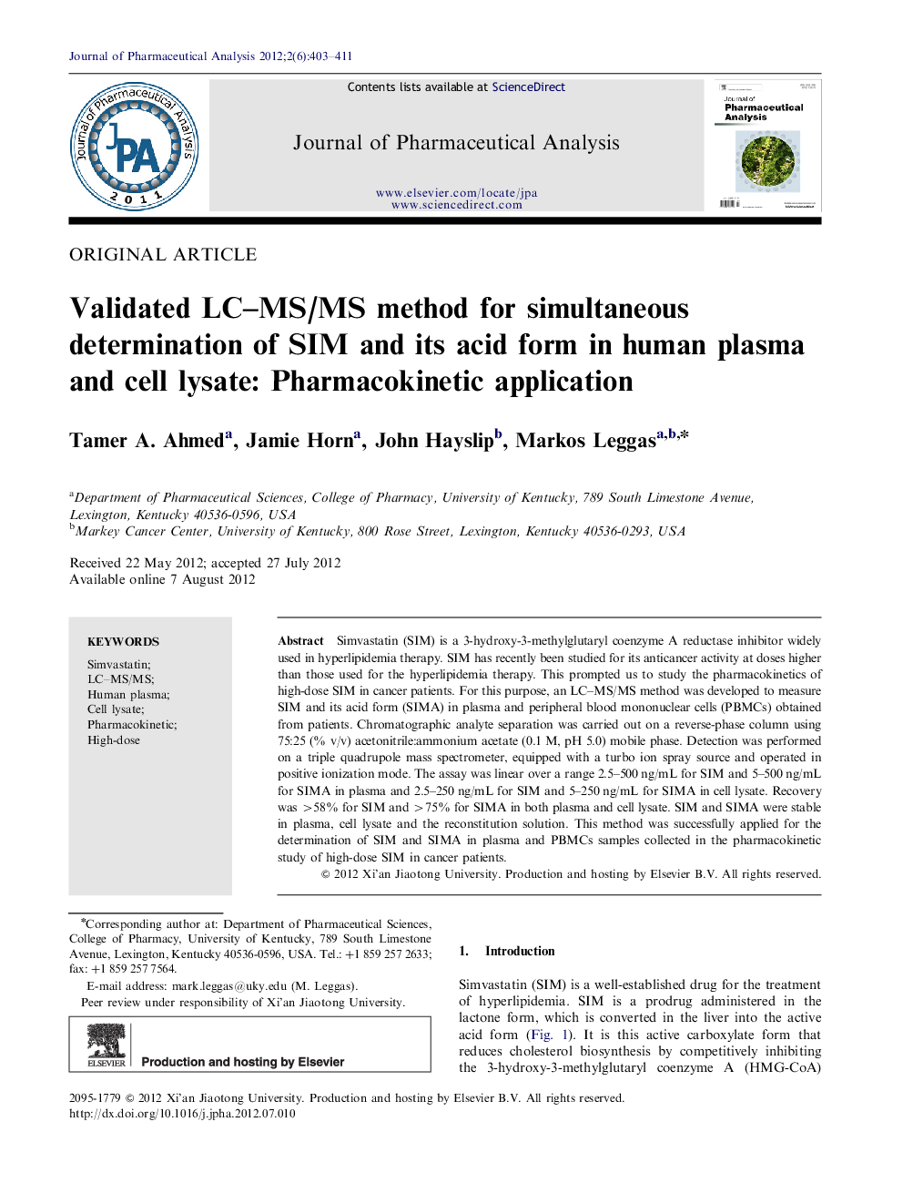 Validated LC–MS/MS method for simultaneous determination of SIM and its acid form in human plasma and cell lysate: Pharmacokinetic application 