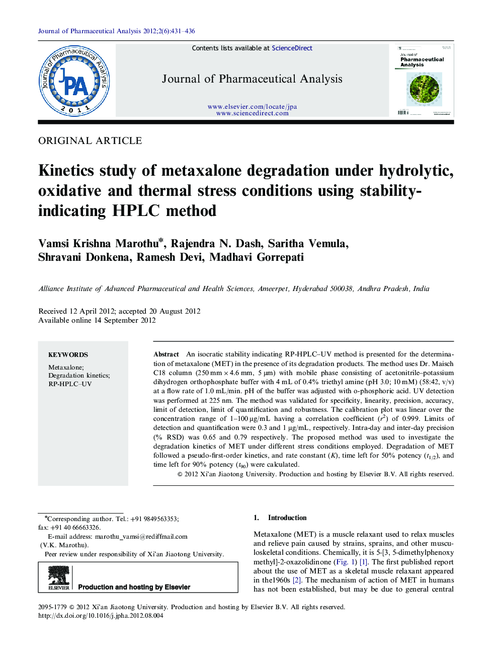 Kinetics study of metaxalone degradation under hydrolytic, oxidative and thermal stress conditions using stability-indicating HPLC method 