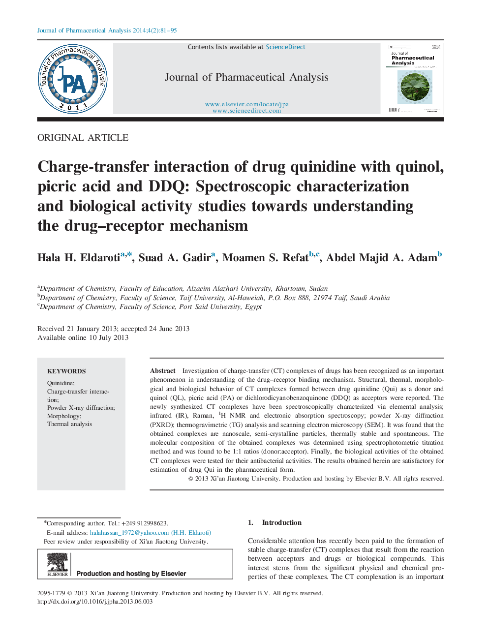 عکس صفحه اول مقاله: Charge-transfer interaction of drug quinidine with quinol, picric acid and DDQ: Spectroscopic characterization and biological activity studies towards understanding the drug–receptor mechanism Charge-transfer interaction of drug quinidine with quinol, picric acid and DDQ: Spectroscopic characterization and biological activity studies towards understanding the drug–receptor mechanism