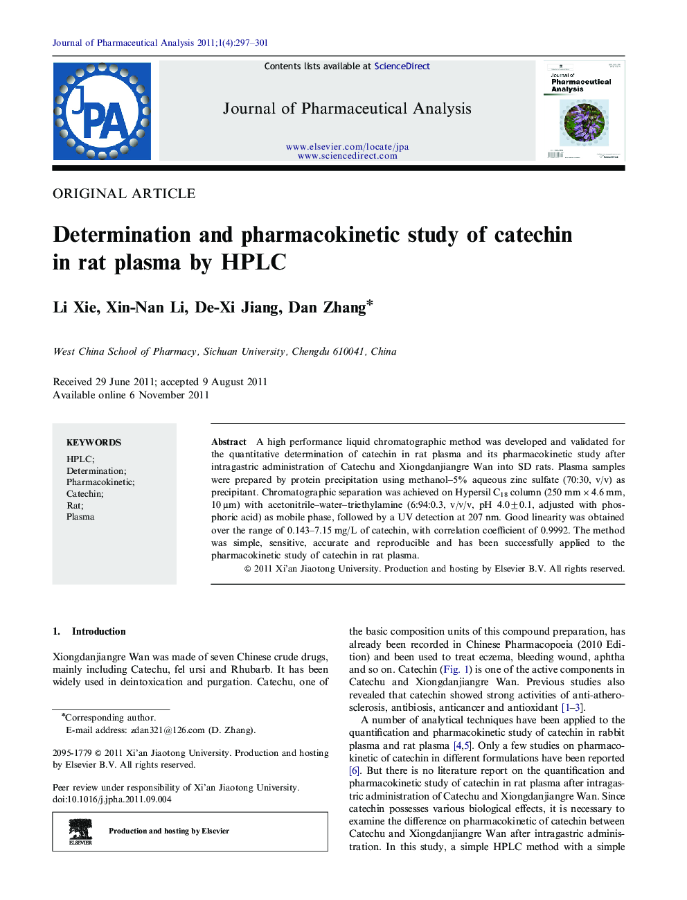 Determination and pharmacokinetic study of catechin in rat plasma by HPLC