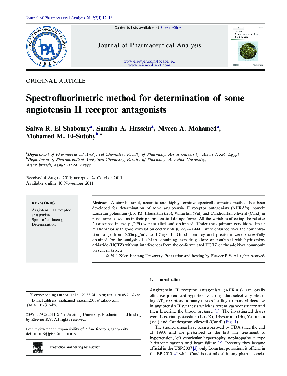 Spectrofluorimetric method for determination of some angiotensin II receptor antagonists