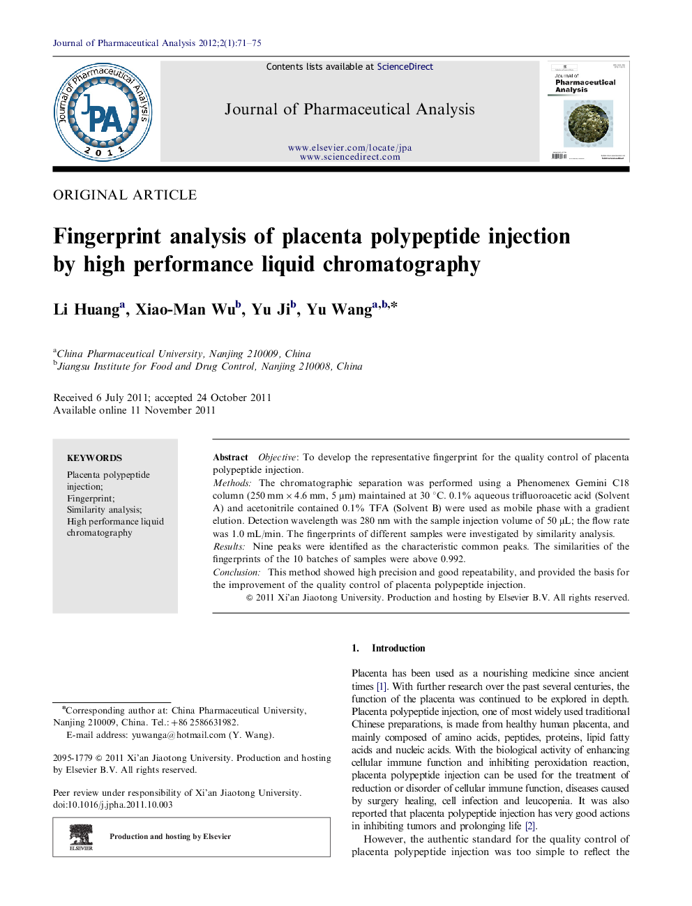 Fingerprint analysis of placenta polypeptide injection by high performance liquid chromatography