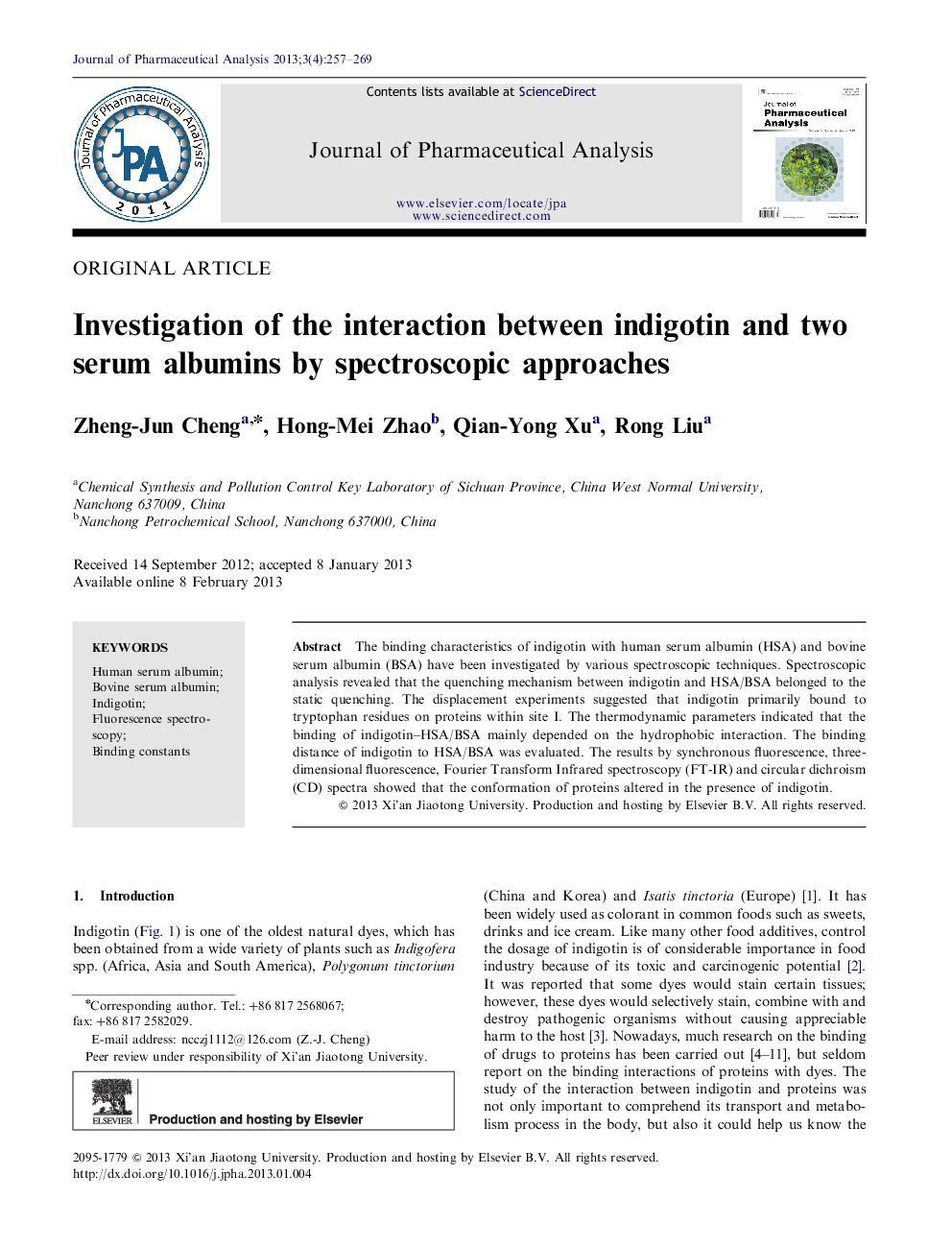 Investigation of the interaction between indigotin and two serum albumins by spectroscopic approaches 