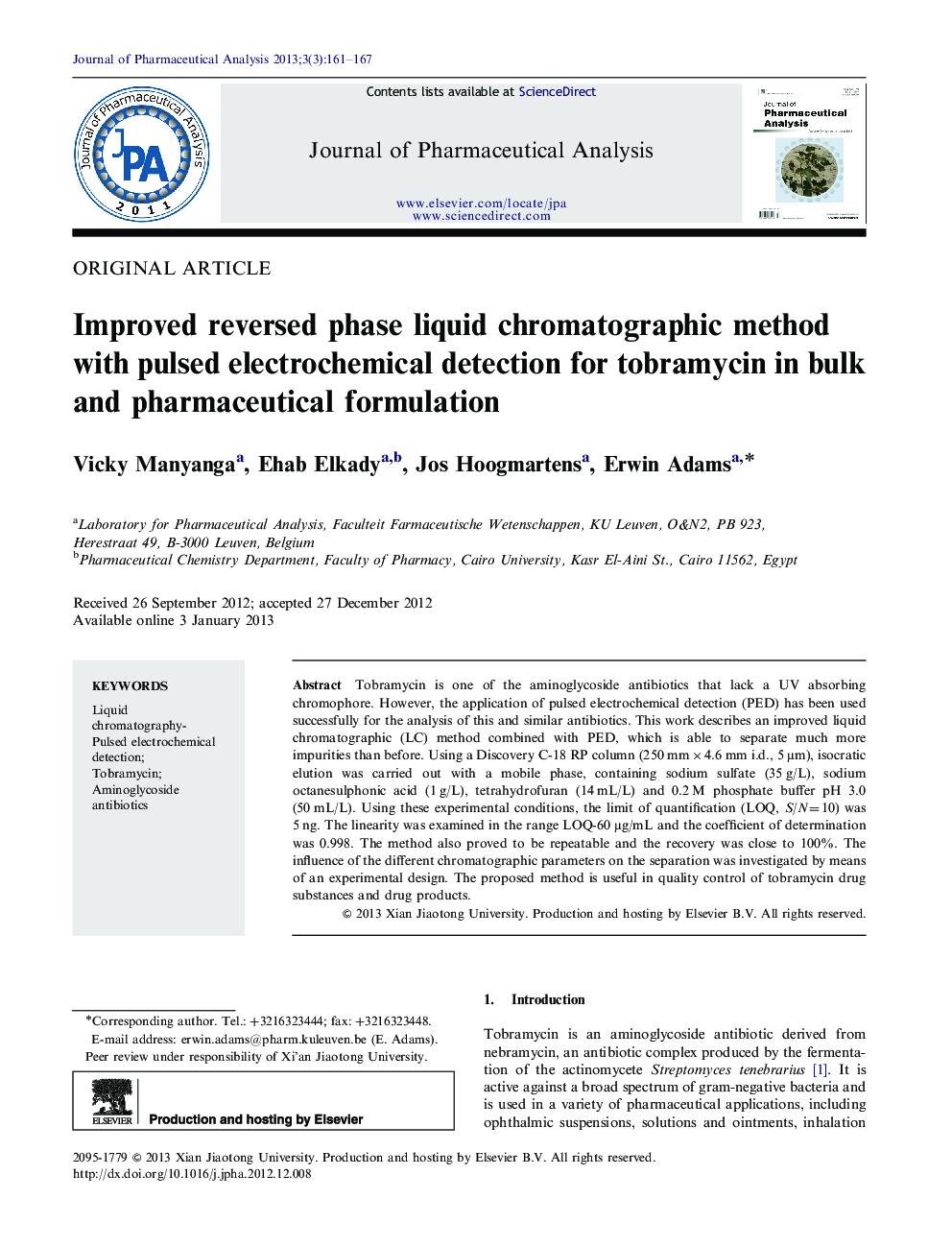 Improved reversed phase liquid chromatographic method with pulsed electrochemical detection for tobramycin in bulk and pharmaceutical formulation 