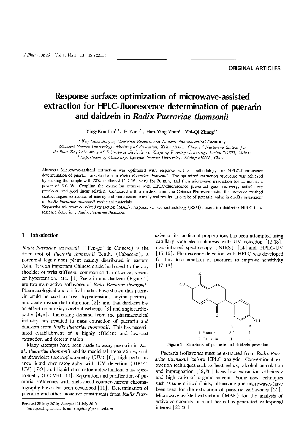عکس صفحه اول مقاله: Response surface optimization of microwave-assisted extraction for HPLC-fluorescence determination of puerarin and daidzein in Radix Puerariae thomsonii Response surface optimization of microwave-assisted extraction for HPLC-fluorescence determination of puerarin and daidzein in Radix Puerariae thomsonii