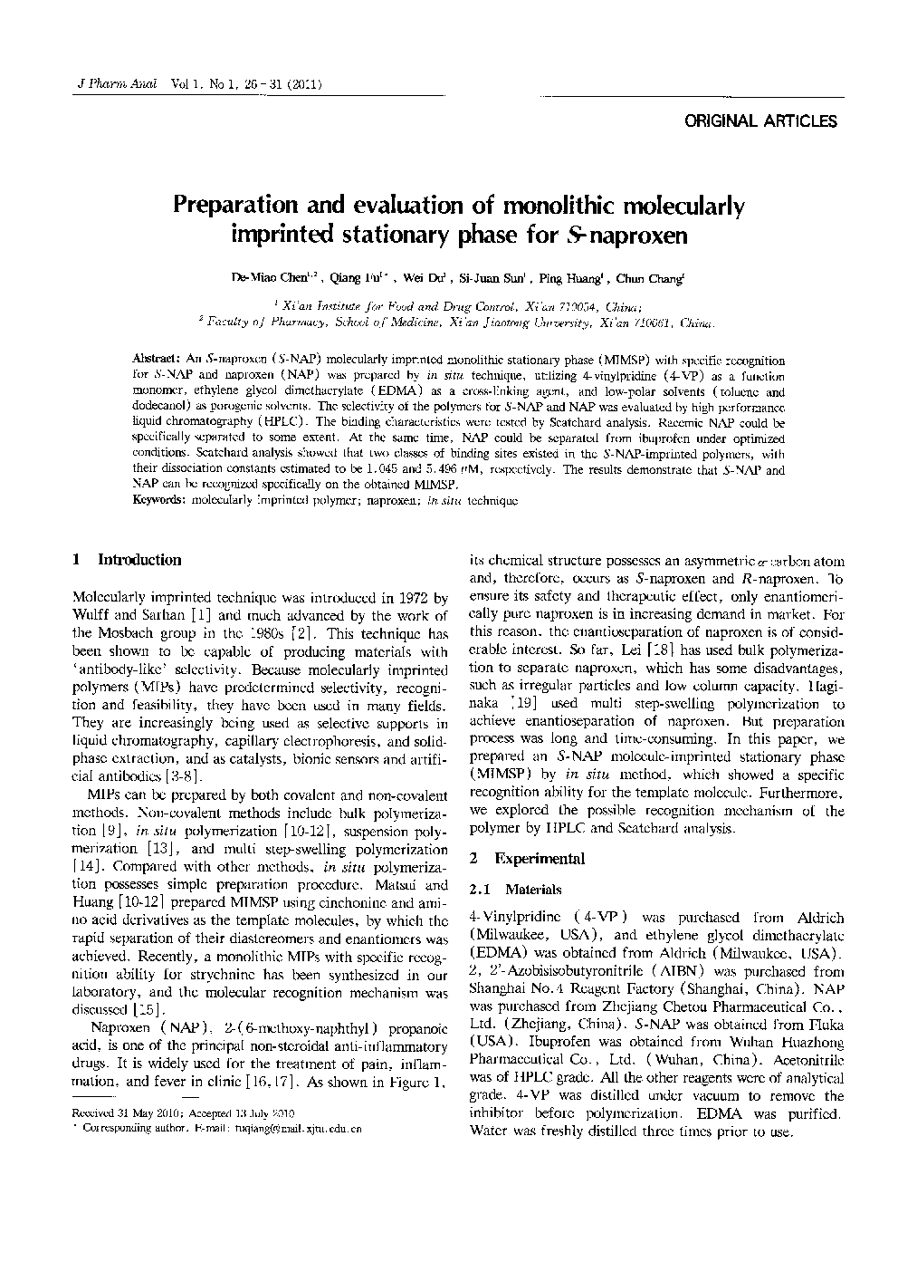 Preparation and evaluation of monolithic molecularly imprinted stationary phase for S-naproxen