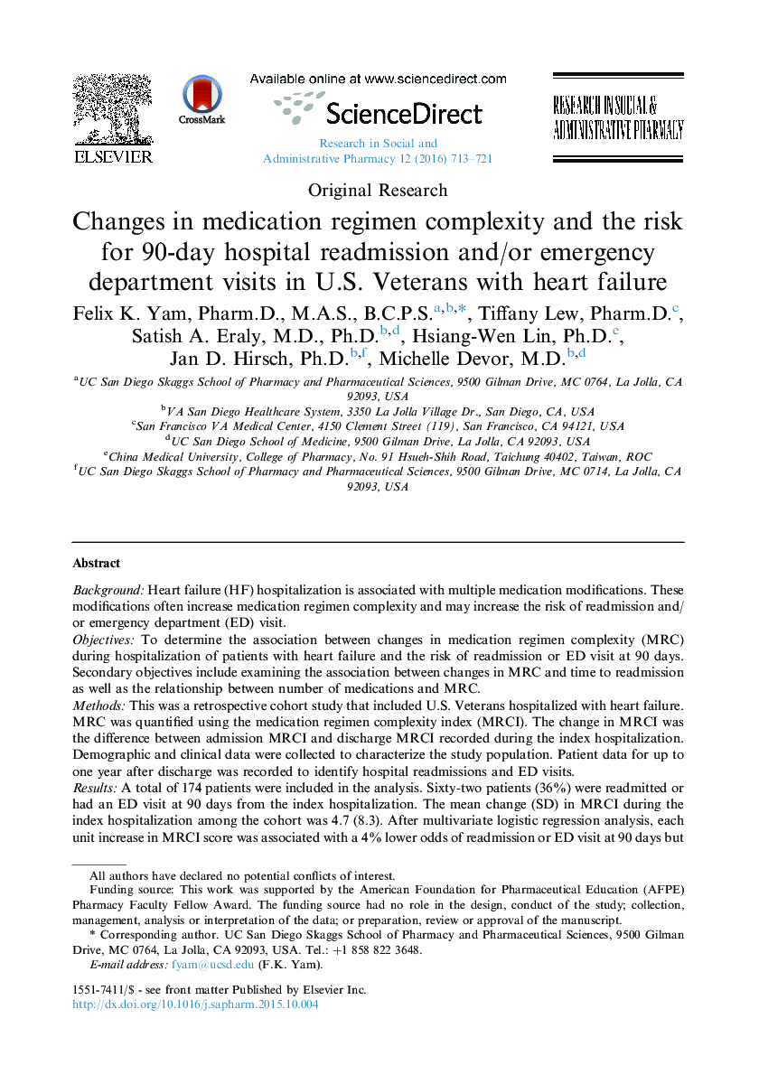 Changes in medication regimen complexity and the risk for 90-day hospital readmission and/or emergency department visits in U.S. Veterans with heart failure 