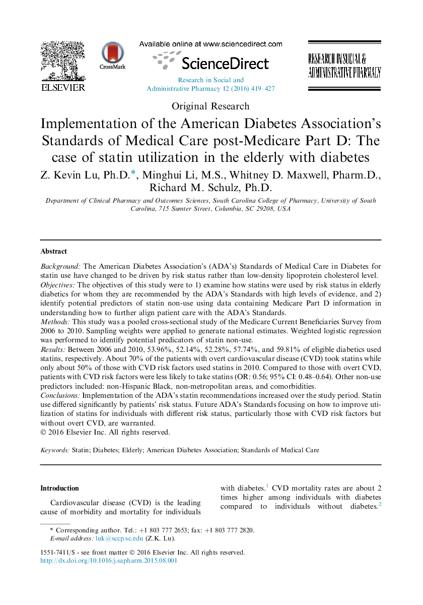 Implementation of the American Diabetes Association's Standards of Medical Care post-Medicare Part D: The case of statin utilization in the elderly with diabetes