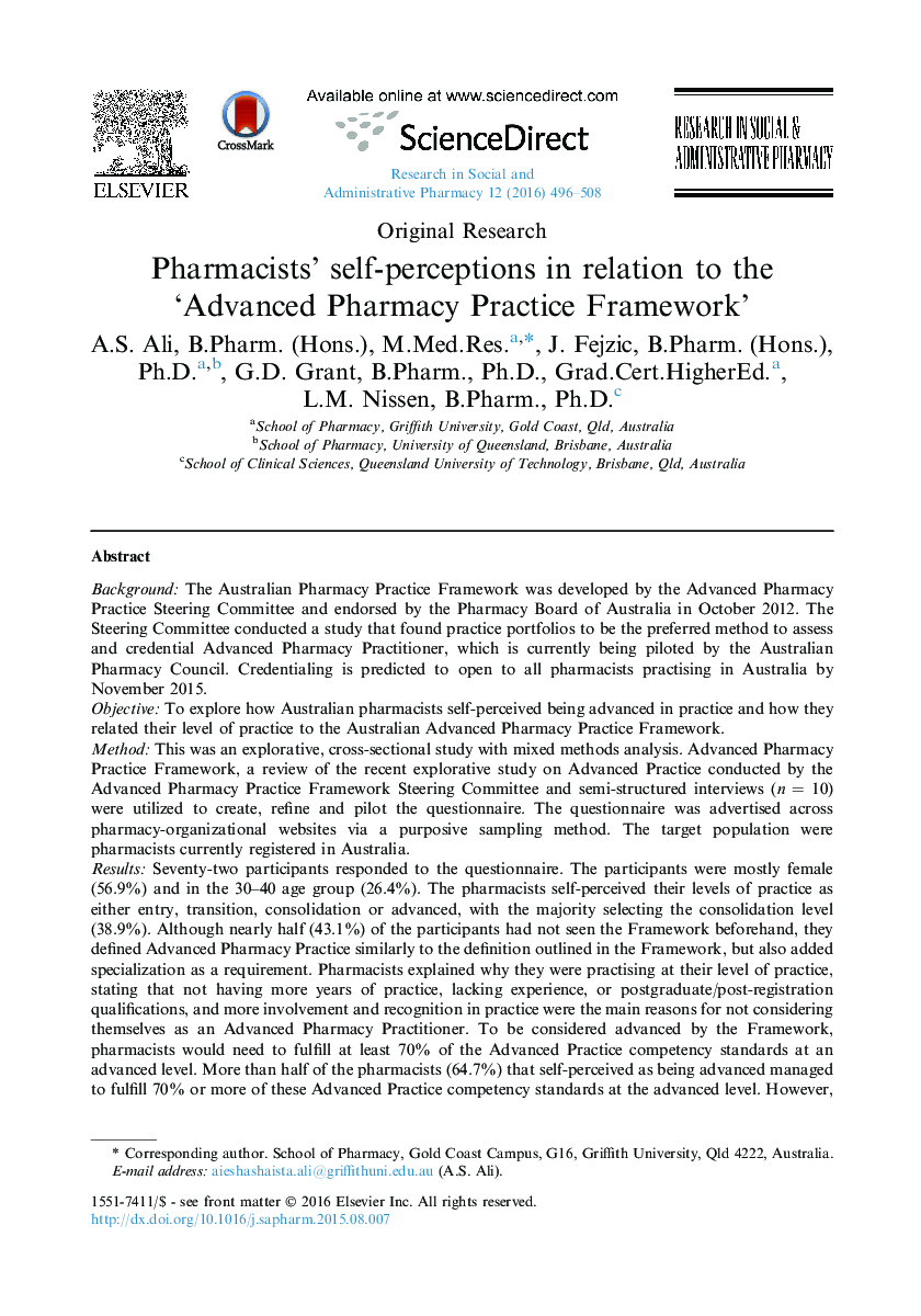 Pharmacists' self-perceptions in relation to the ‘Advanced Pharmacy Practice Framework’