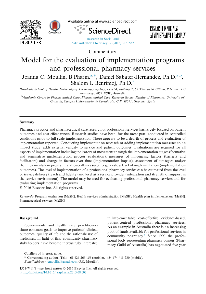 Model for the evaluation of implementation programs and professional pharmacy services 