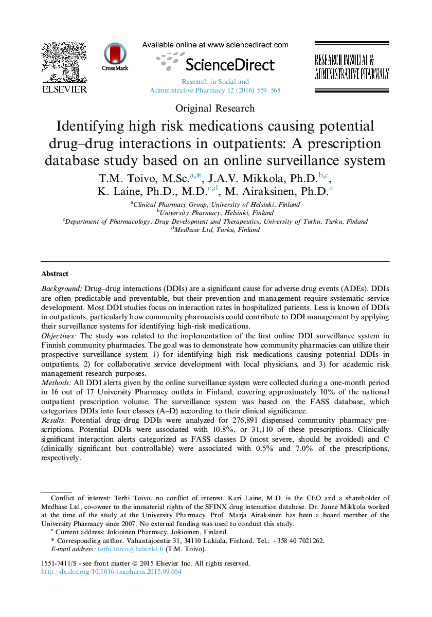 Identifying high risk medications causing potential drug–drug interactions in outpatients: A prescription database study based on an online surveillance system 