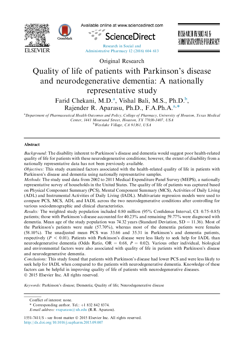 Quality of life of patients with Parkinson's disease and neurodegenerative dementia: A nationally representative study 