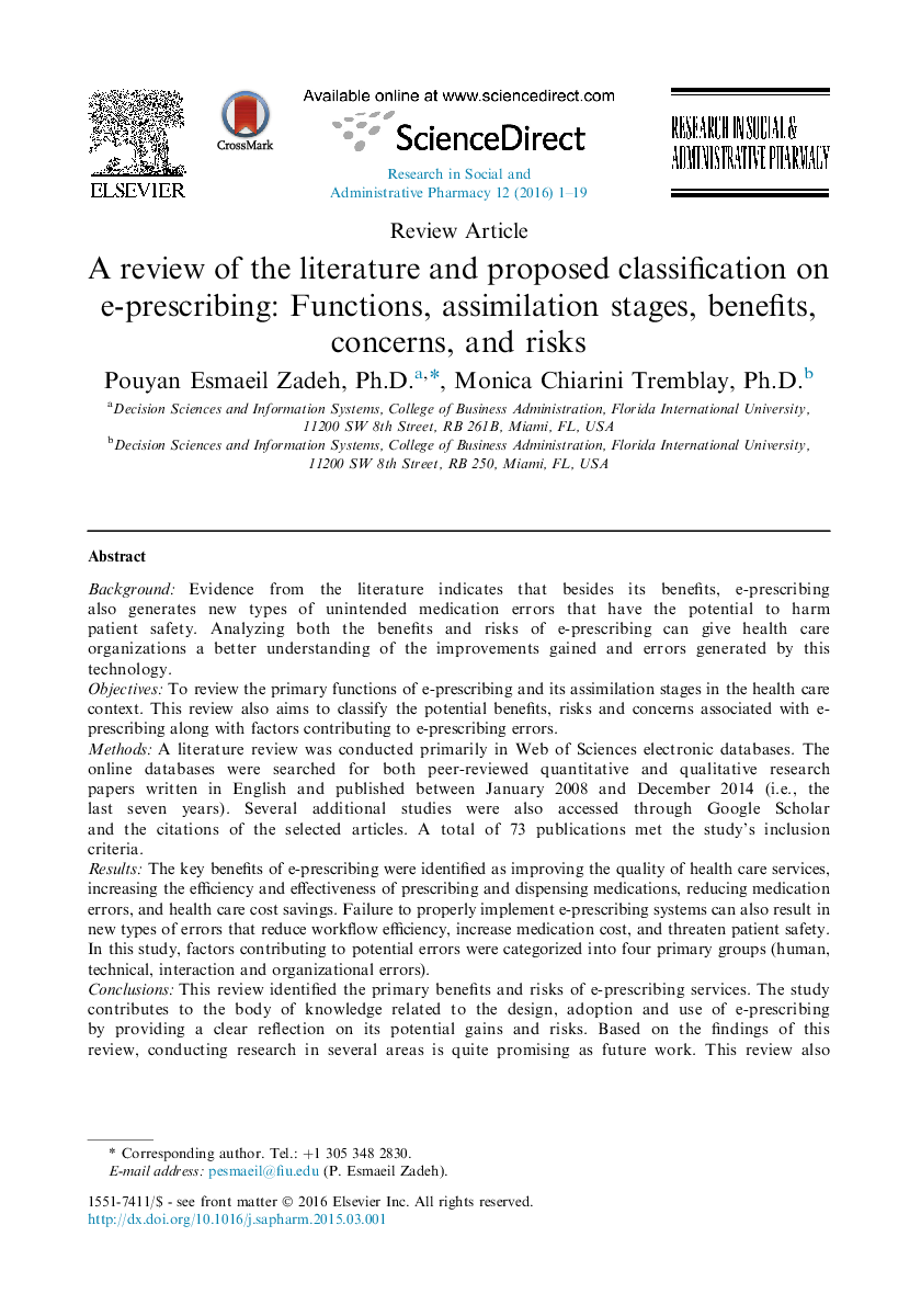 A review of the literature and proposed classification on e-prescribing: Functions, assimilation stages, benefits, concerns, and risks