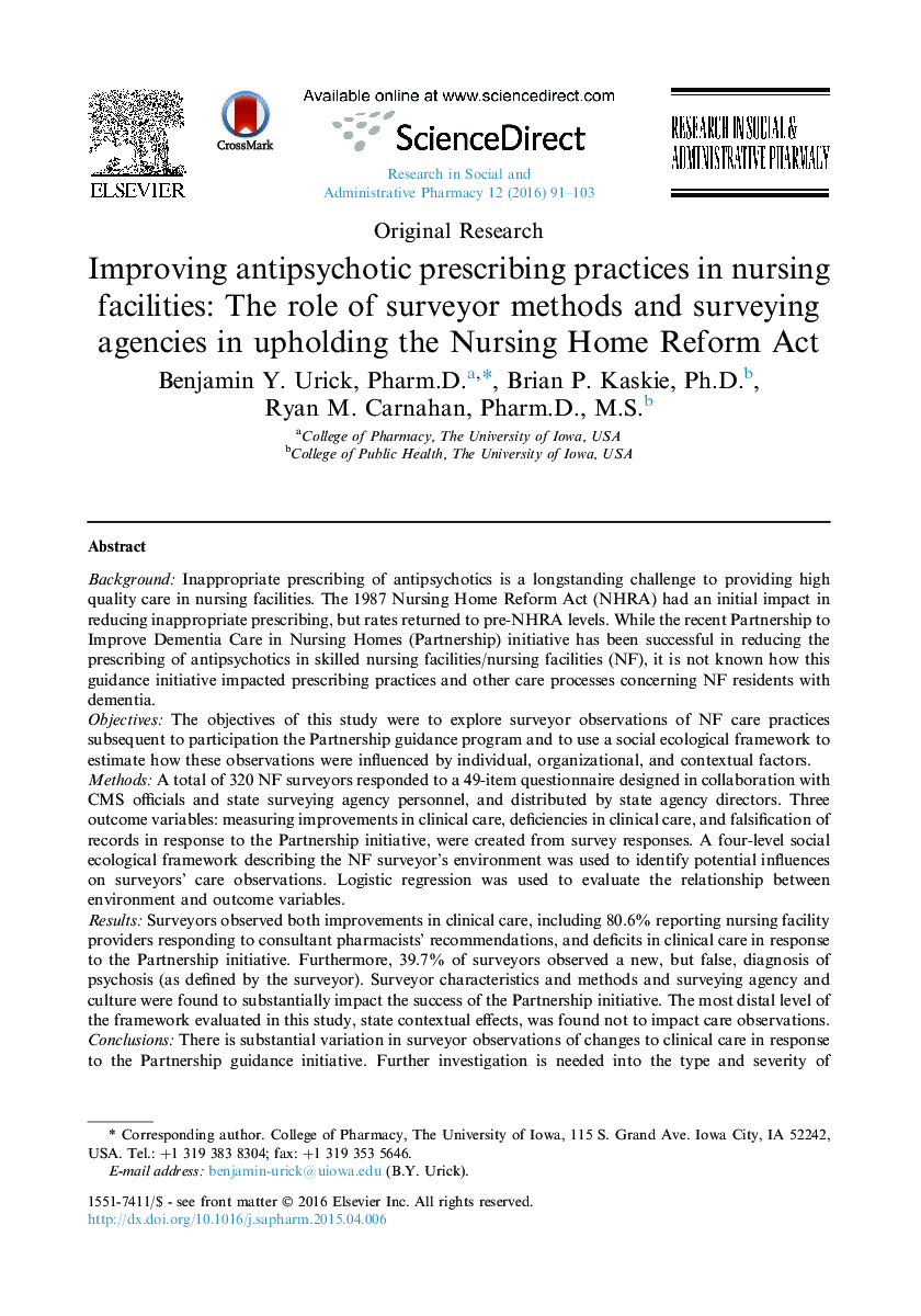 Improving antipsychotic prescribing practices in nursing facilities: The role of surveyor methods and surveying agencies in upholding the Nursing Home Reform Act