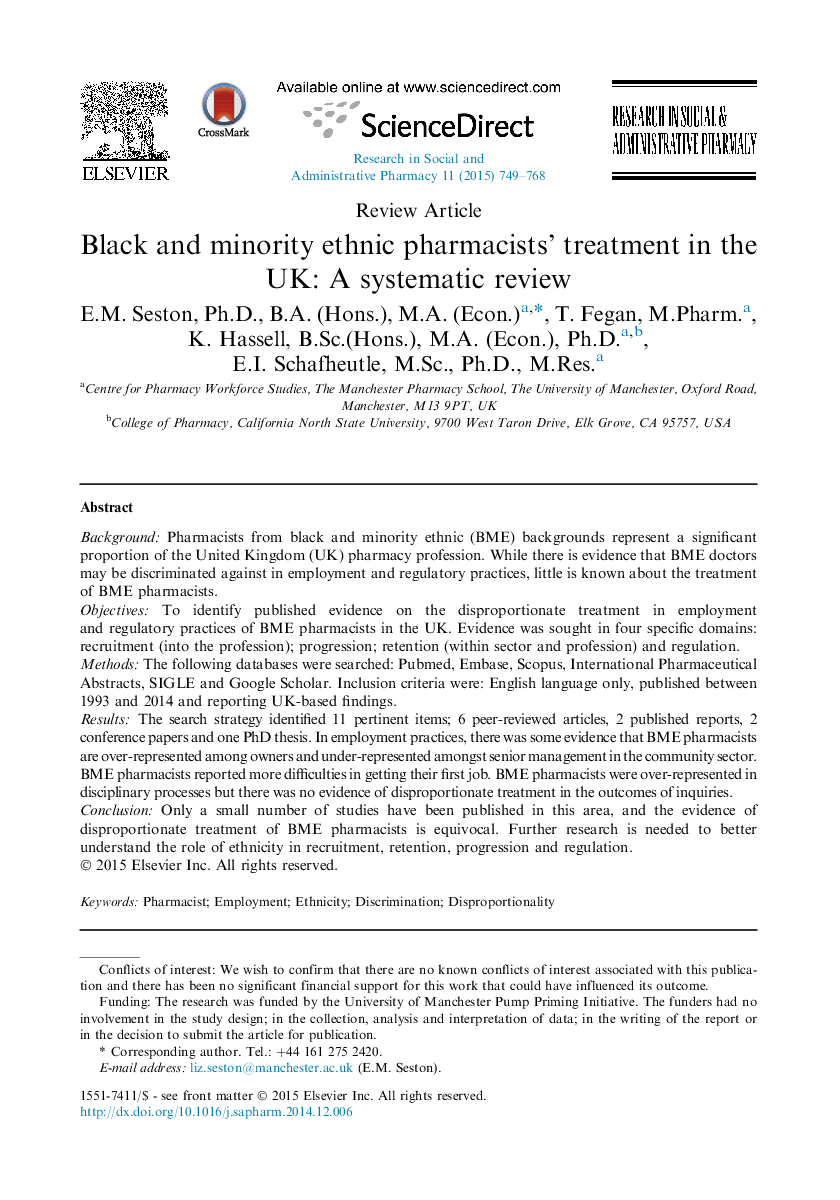درمان سیاه و اقلیت های داروسازان در انگلستان: بررسی سیستماتیک 