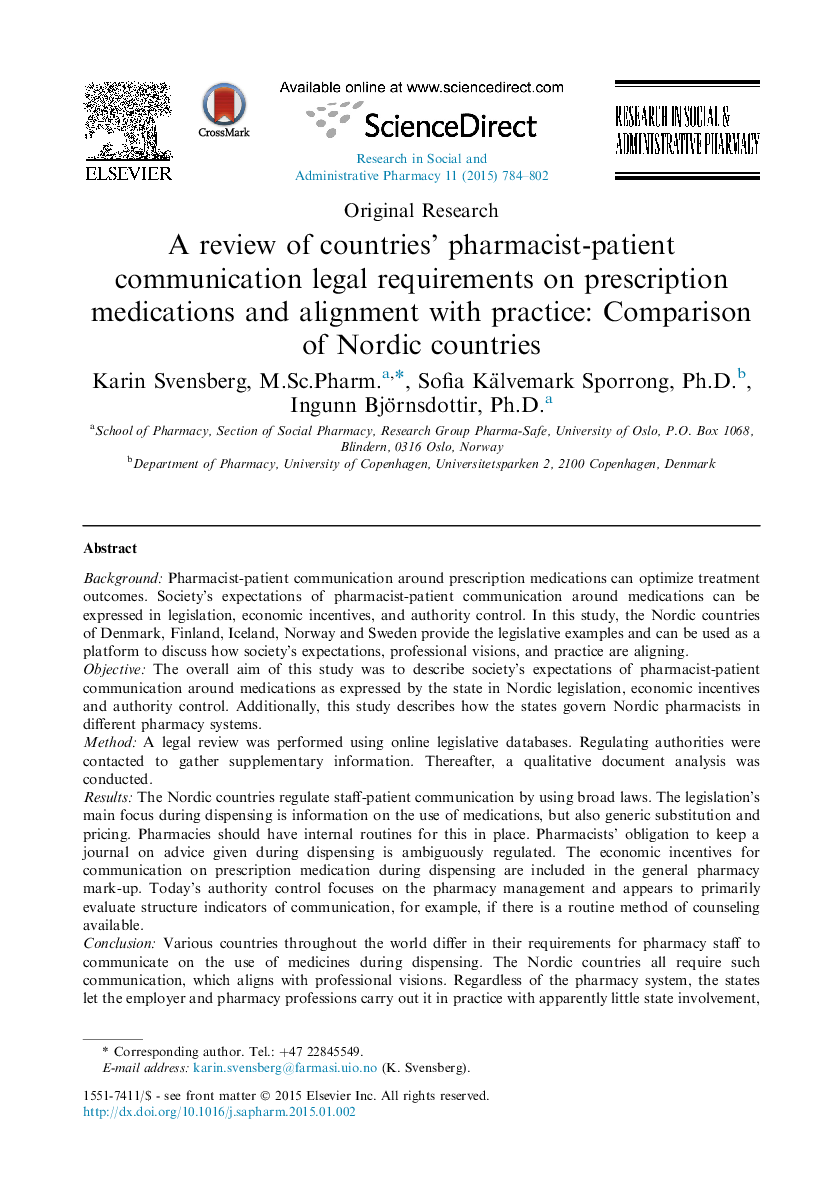 A review of countries' pharmacist-patient communication legal requirements on prescription medications and alignment with practice: Comparison of Nordic countries