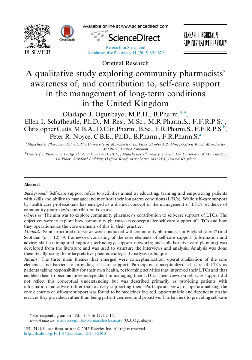 A qualitative study exploring community pharmacists' awareness of, and contribution to, self-care support in the management of long-term conditions in the United Kingdom