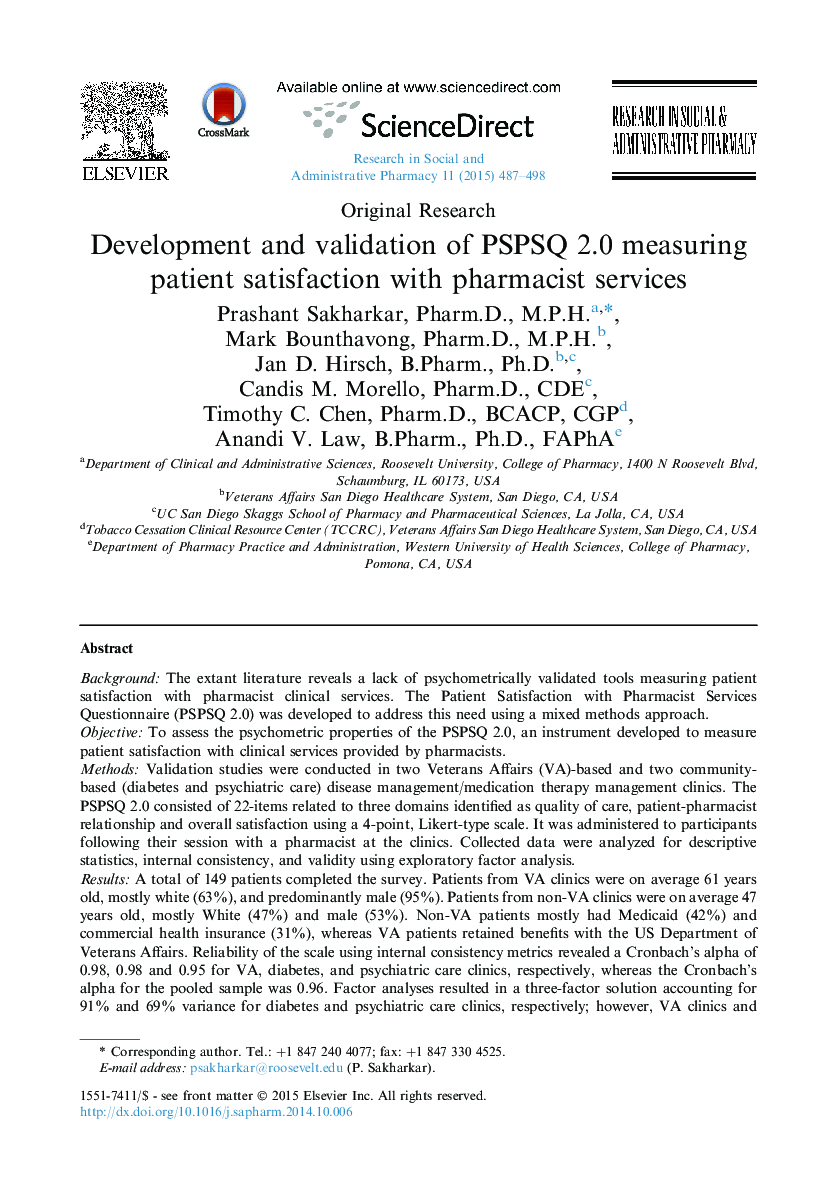 Development and validation of PSPSQ 2.0 measuring patient satisfaction with pharmacist services