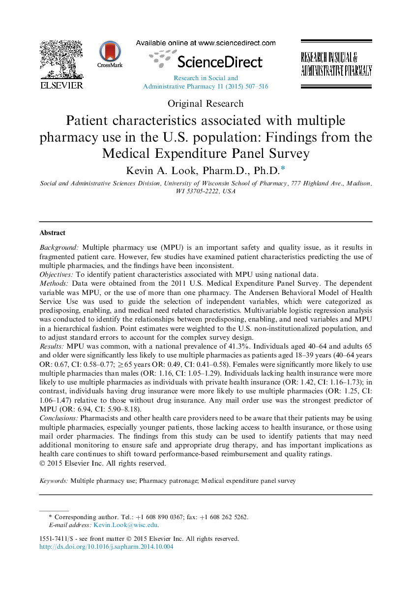 خصوصیات بیمار در ارتباط با استفاده از داروهای متعدد در جمعیت ایالات متحده: یافته های پانل بررسی هزینه های پزشکی 