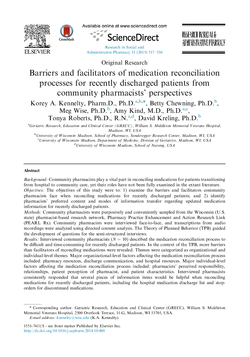 Barriers and facilitators of medication reconciliation processes for recently discharged patients from community pharmacists' perspectives