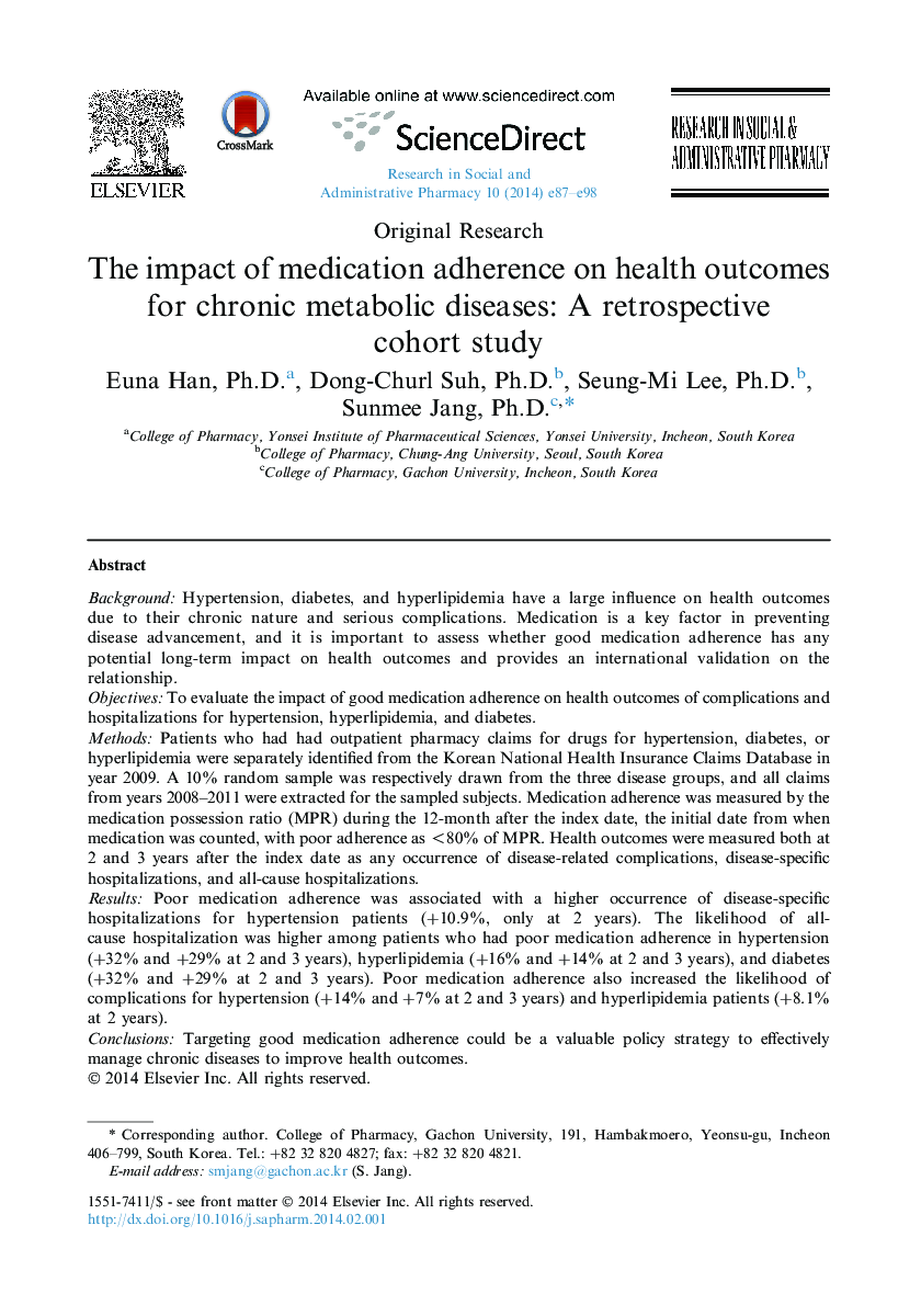 The impact of medication adherence on health outcomes for chronic metabolic diseases: A retrospective cohort study