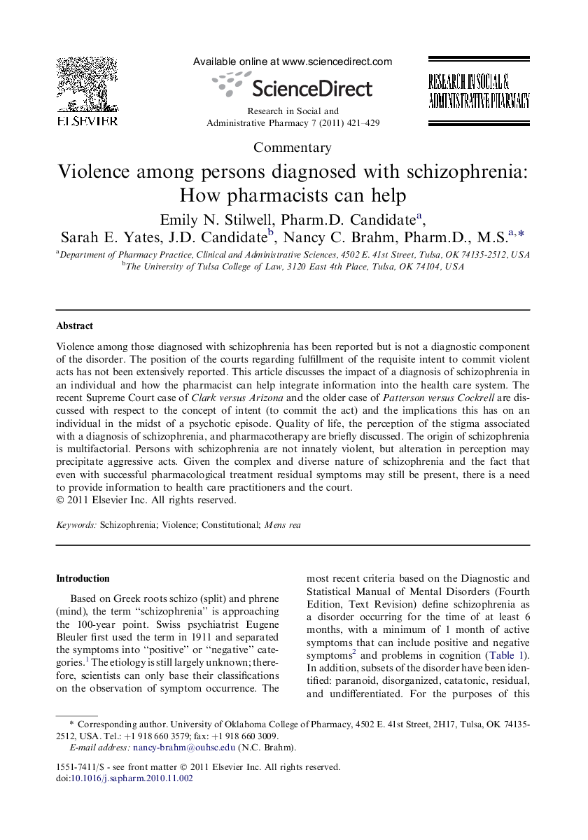 Violence among persons diagnosed with schizophrenia: How pharmacists can help