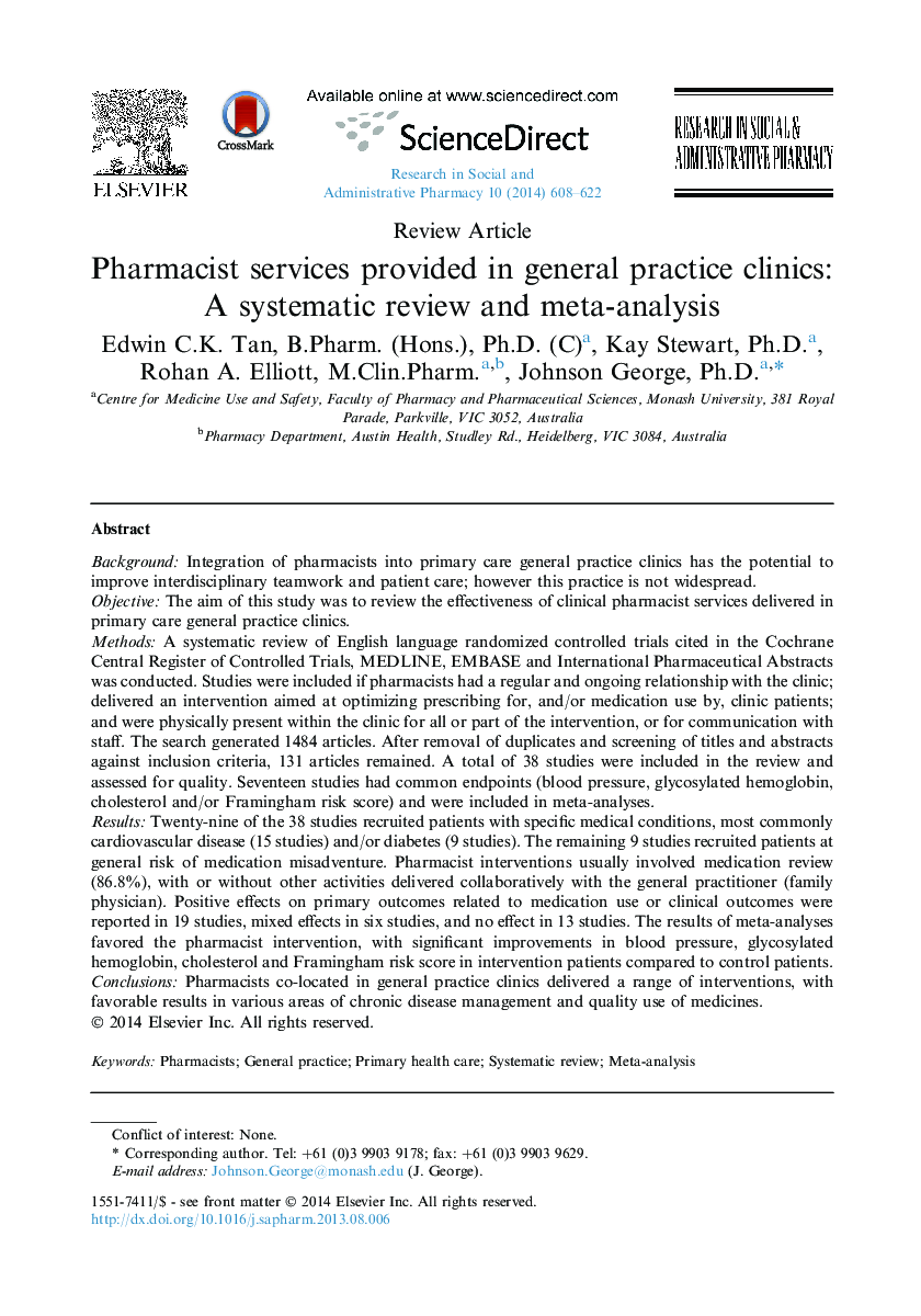 Pharmacist services provided in general practice clinics: A systematic review and meta-analysis 