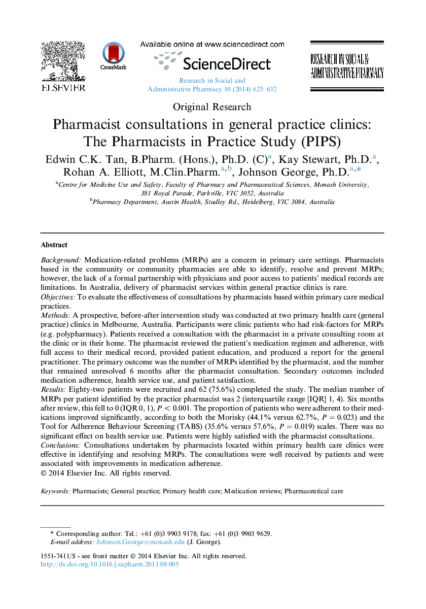 Pharmacist consultations in general practice clinics: The Pharmacists in Practice Study (PIPS)