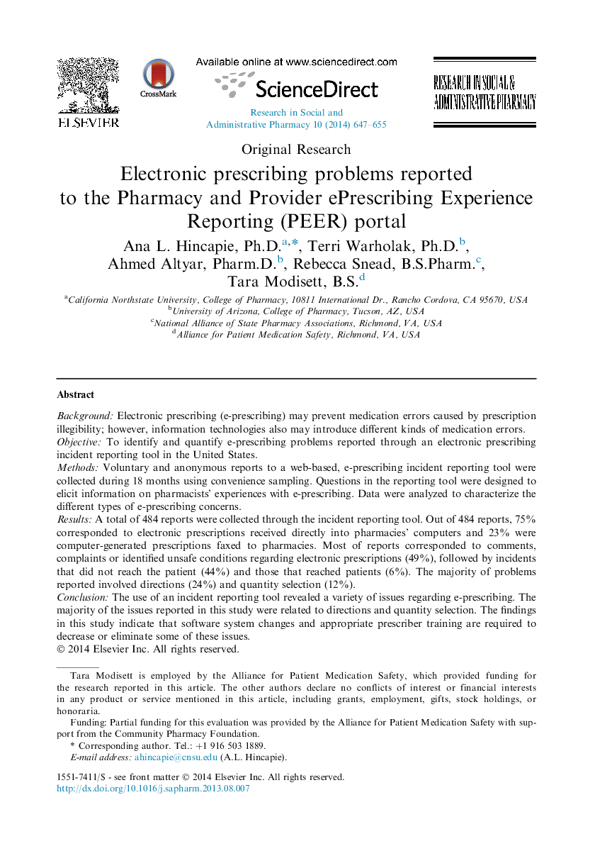 Electronic prescribing problems reported to the Pharmacy and Provider ePrescribing Experience Reporting (PEER) portal 