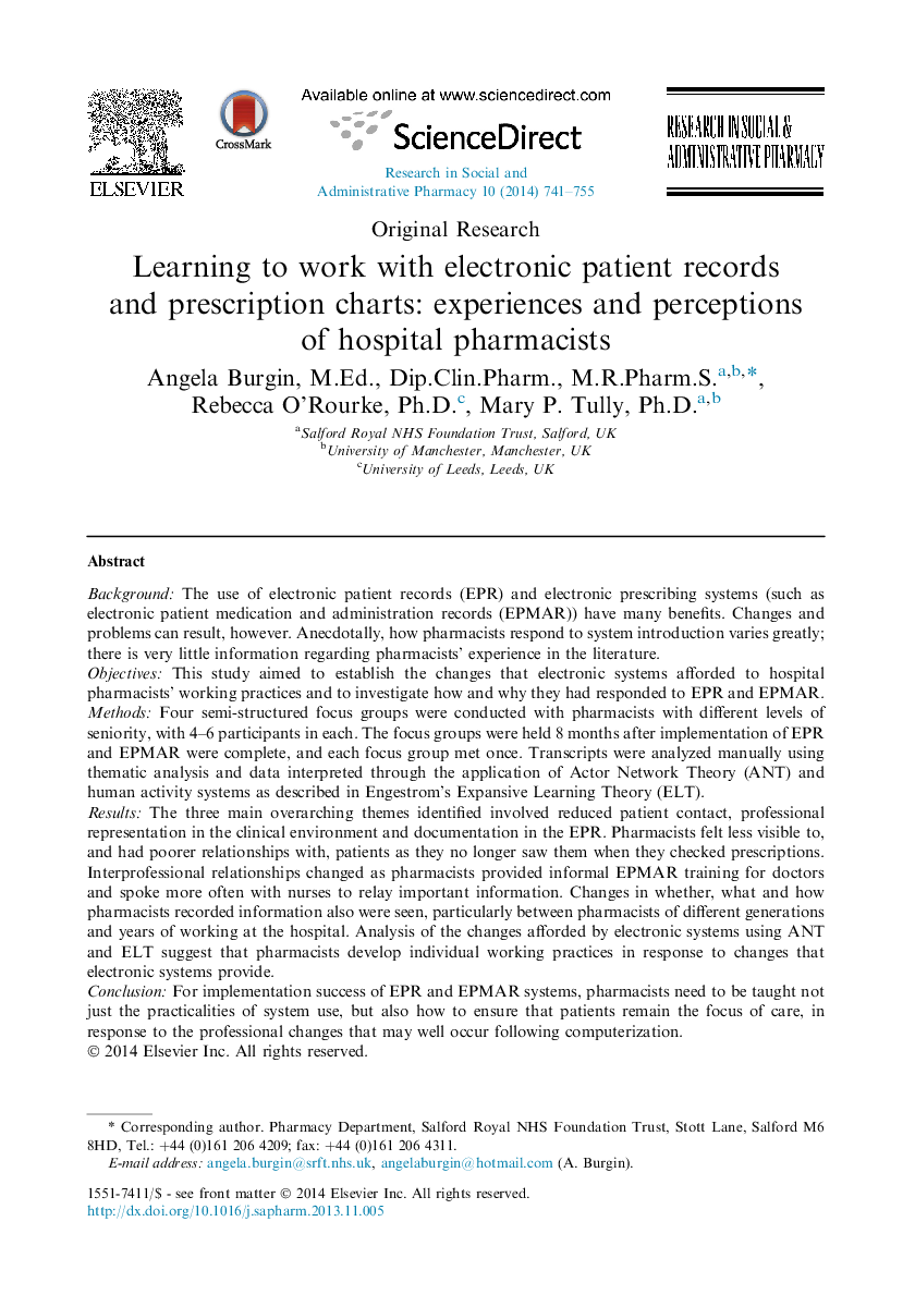 Learning to work with electronic patient records and prescription charts: experiences and perceptions of hospital pharmacists