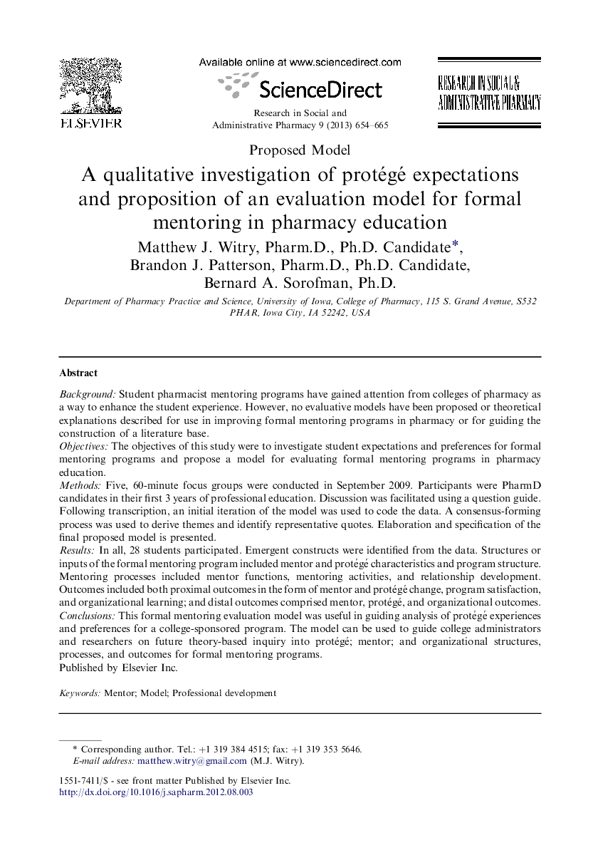 A qualitative investigation of protégé expectations and proposition of an evaluation model for formal mentoring in pharmacy education