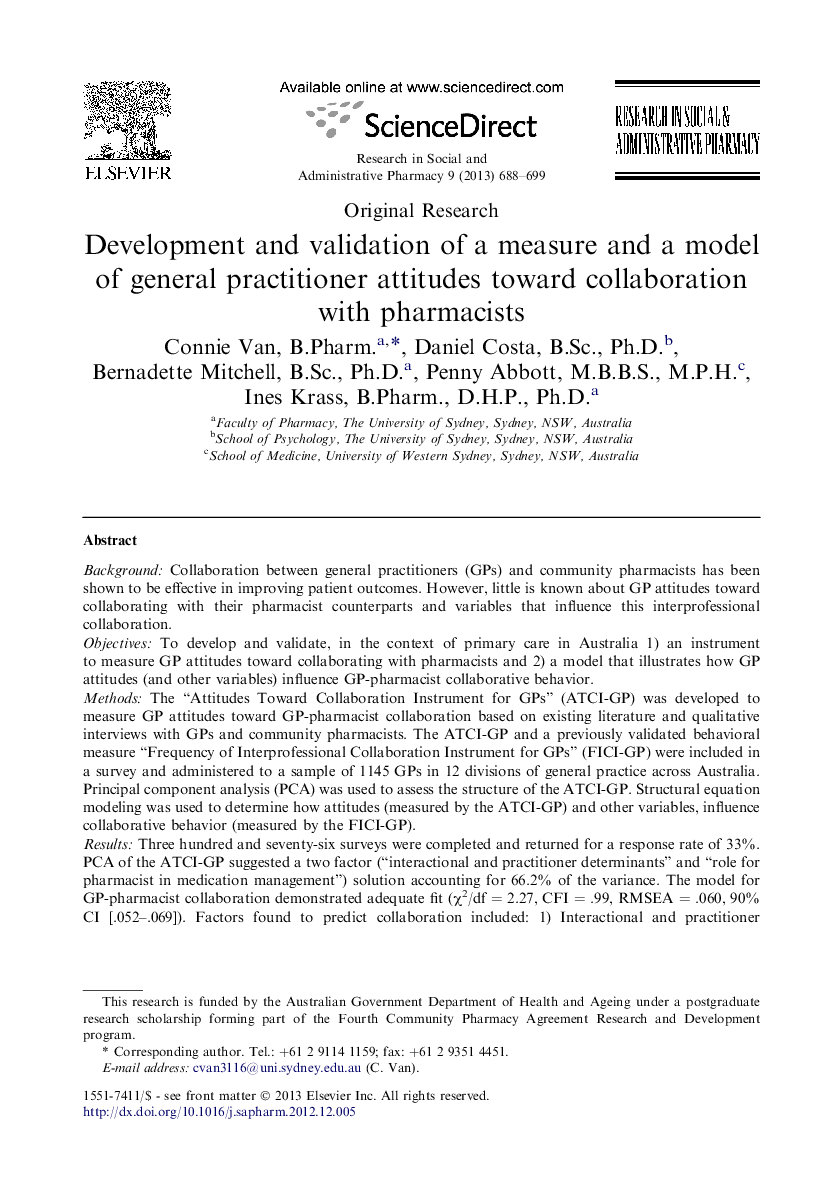 Development and validation of a measure and a model of general practitioner attitudes toward collaboration with pharmacists 