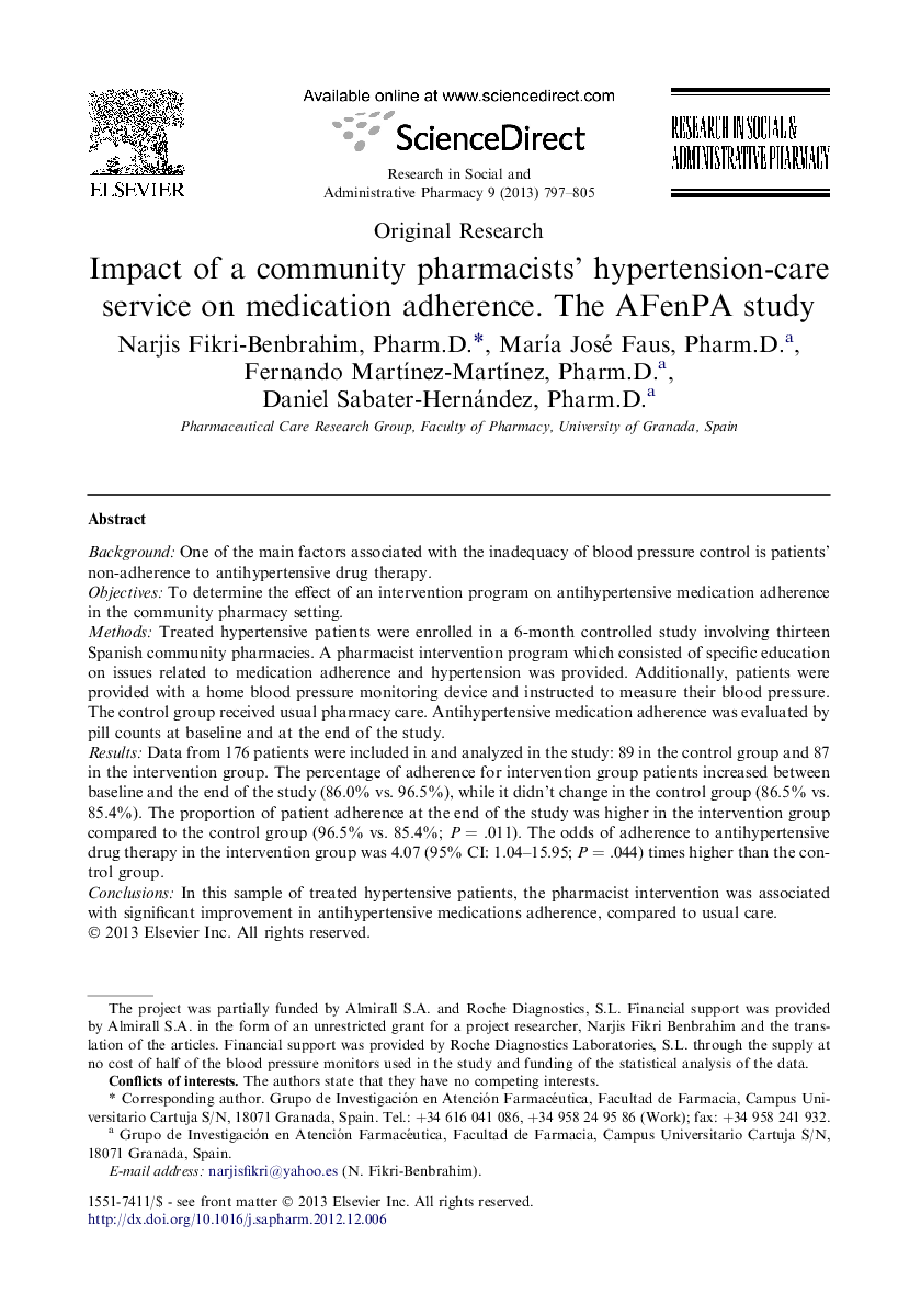 Impact of a community pharmacists' hypertension-care service on medication adherence. The AFenPA study 