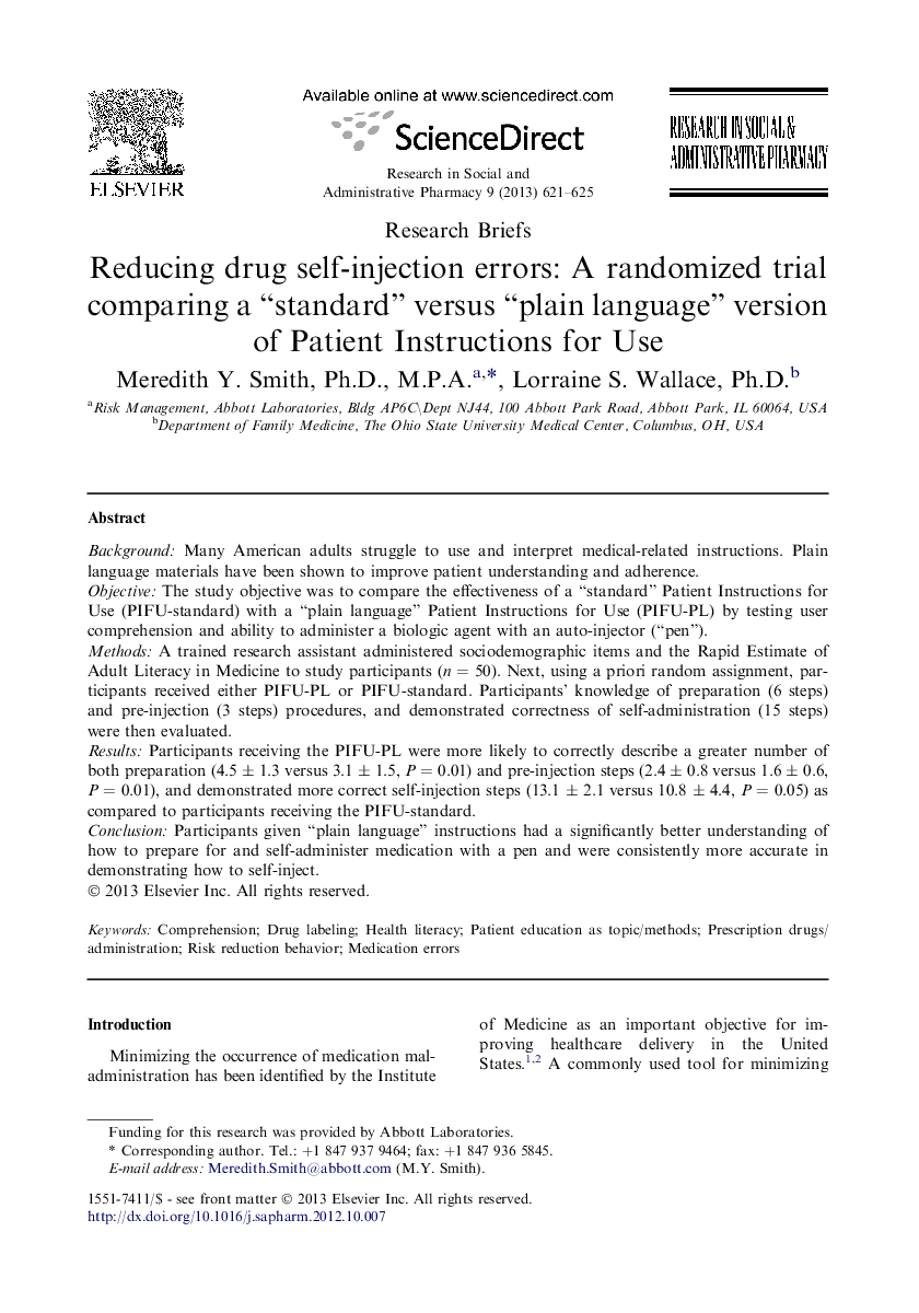 Reducing drug self-injection errors: A randomized trial comparing a “standard” versus “plain language” version of Patient Instructions for Use 