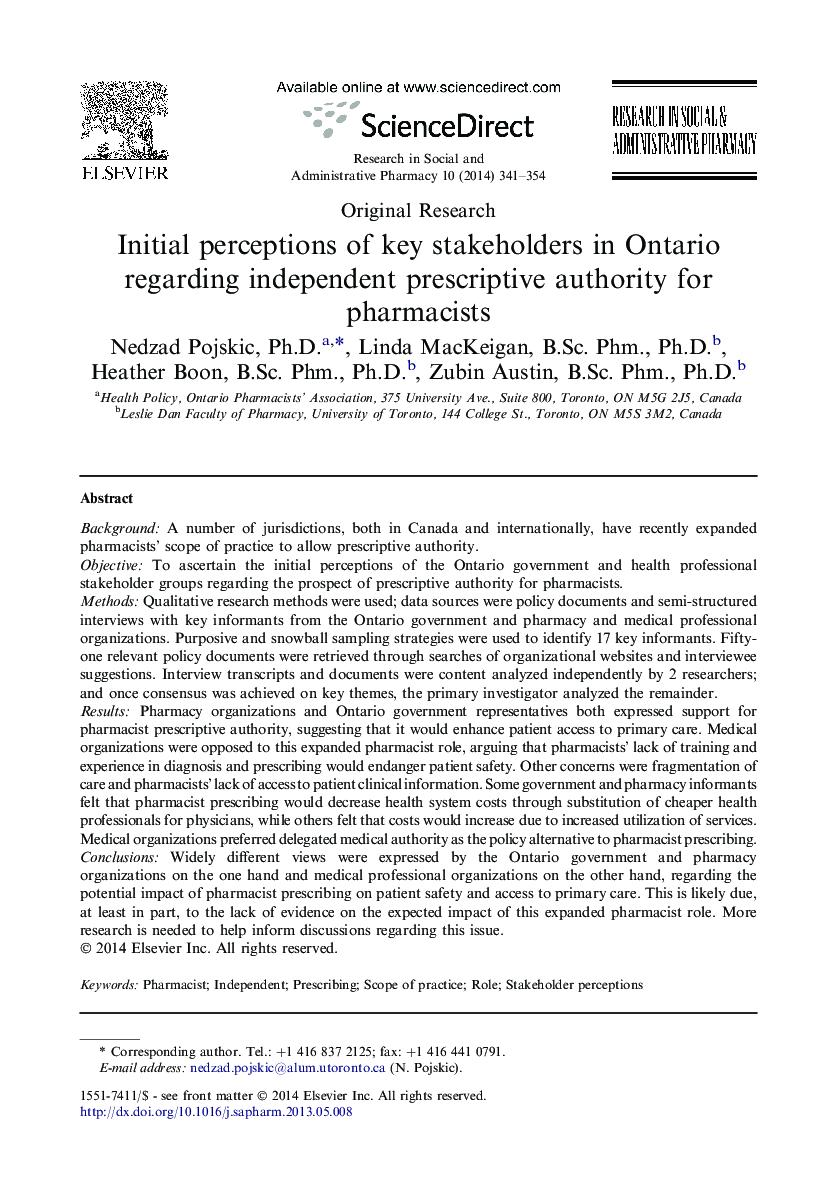 Initial perceptions of key stakeholders in Ontario regarding independent prescriptive authority for pharmacists