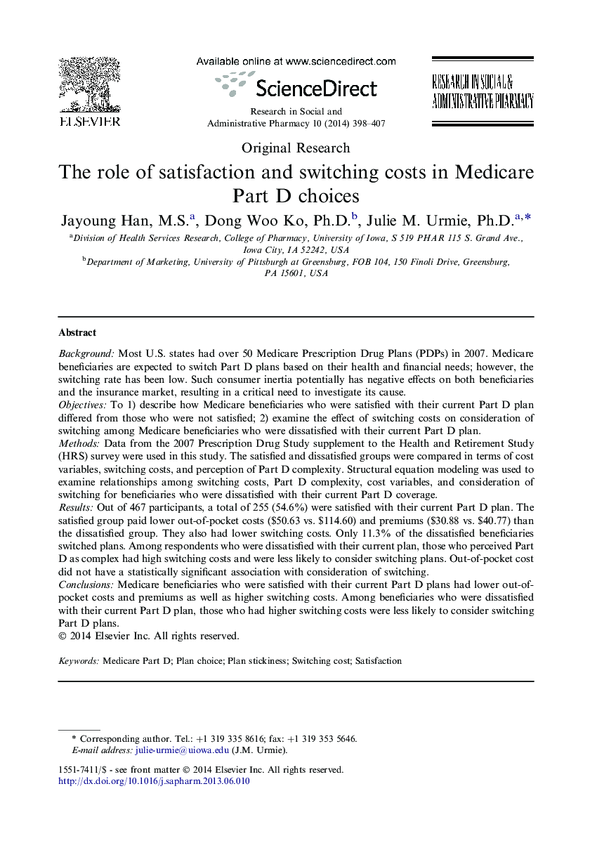 The role of satisfaction and switching costs in Medicare Part D choices