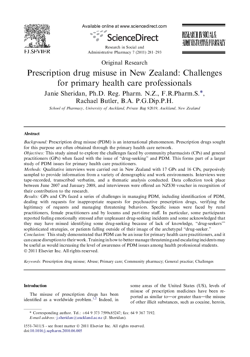Prescription drug misuse in New Zealand: Challenges for primary health care professionals