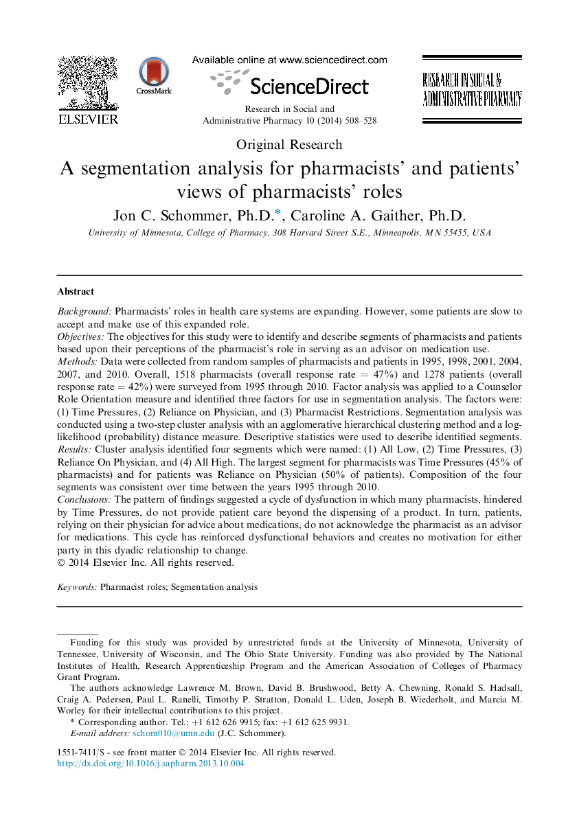A segmentation analysis for pharmacists' and patients' views of pharmacists' roles 