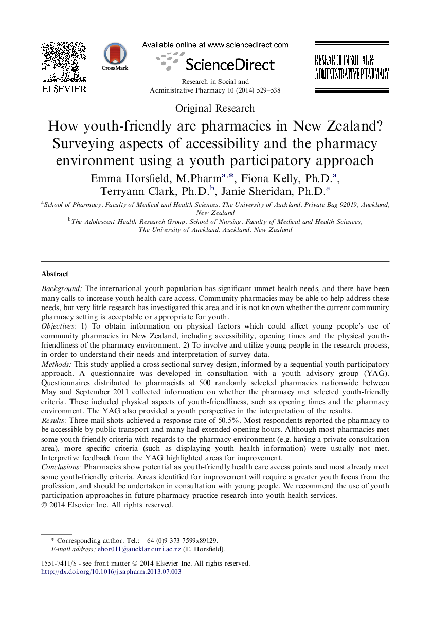 How youth-friendly are pharmacies in New Zealand? Surveying aspects of accessibility and the pharmacy environment using a youth participatory approach