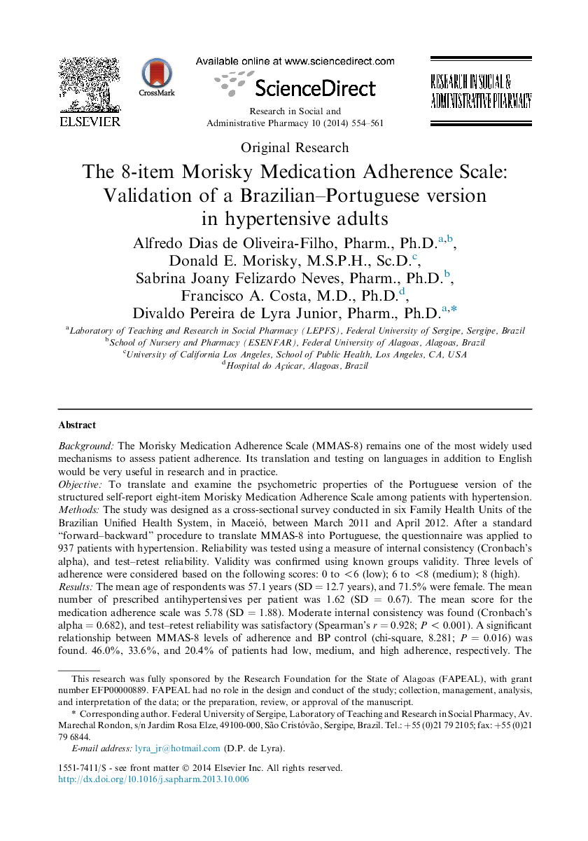 The 8-item Morisky Medication Adherence Scale: Validation of a Brazilian–Portuguese version in hypertensive adults 