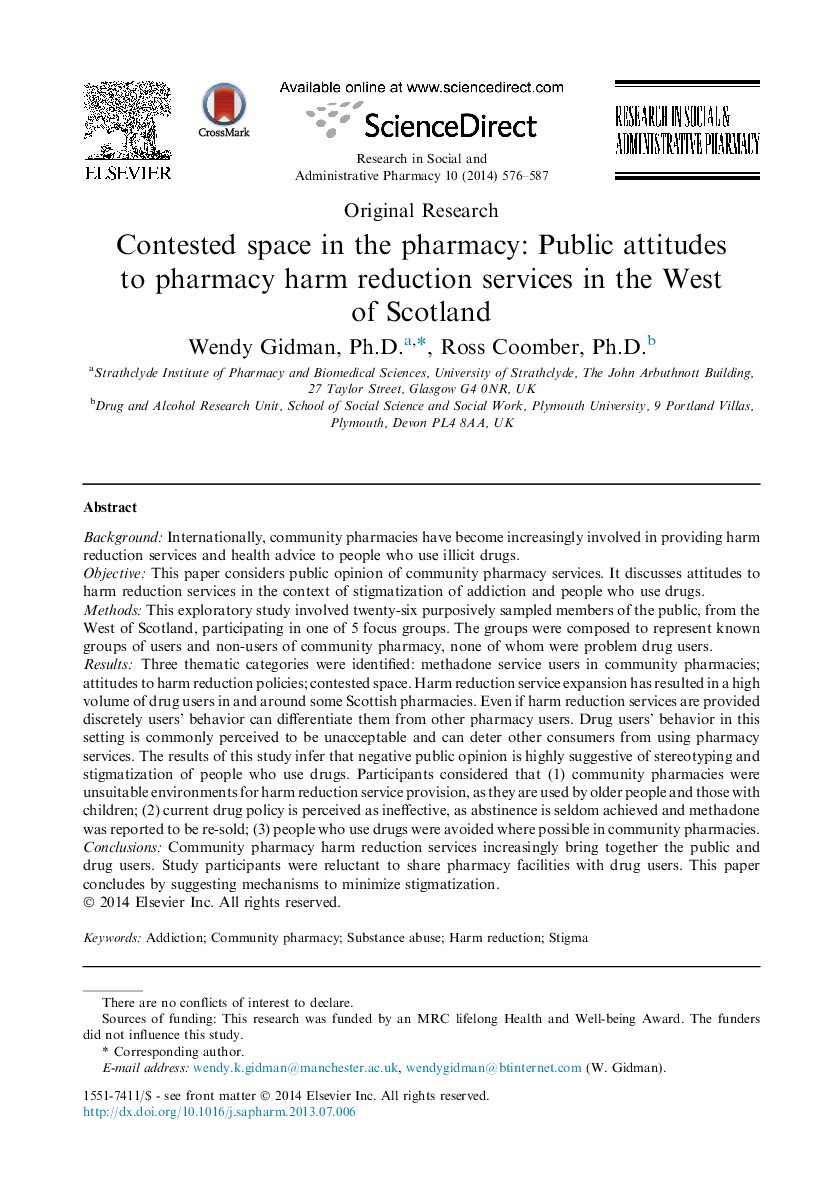Contested space in the pharmacy: Public attitudes to pharmacy harm reduction services in the West of Scotland 